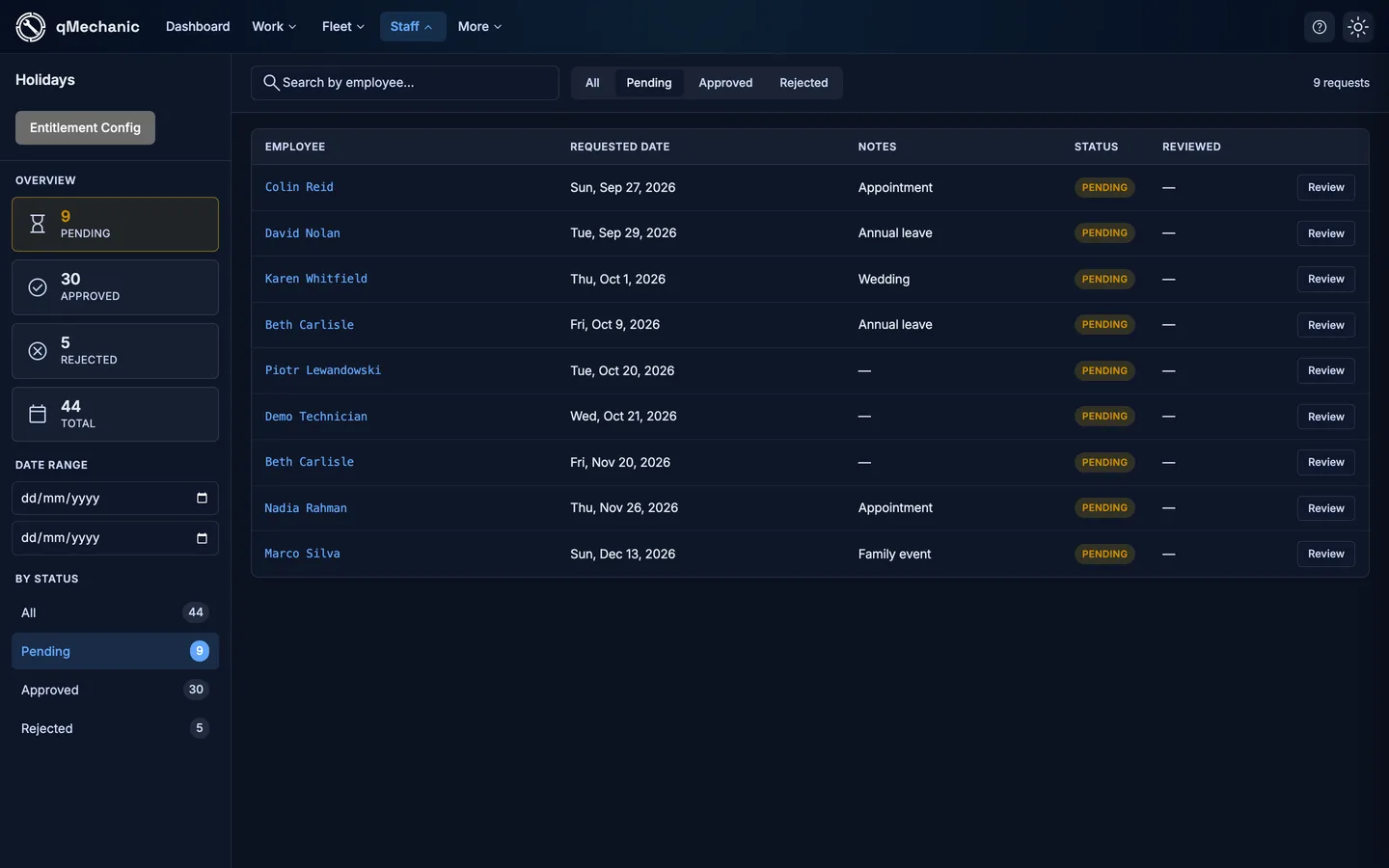 Holiday requests list showing dates, requesters and statuses.