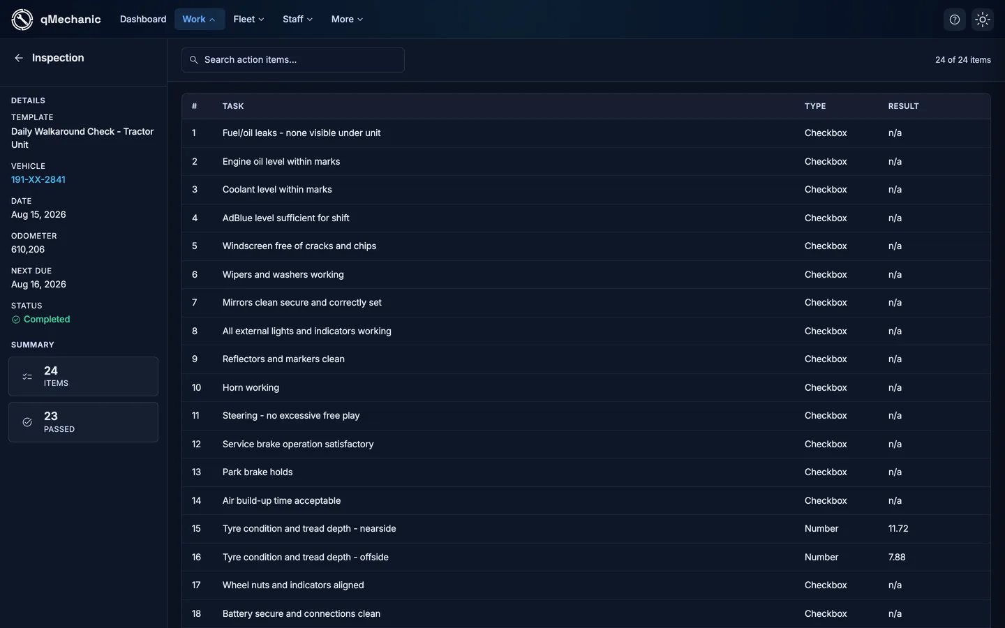 A completed inspection showing the checklist items, their input types and recorded results.