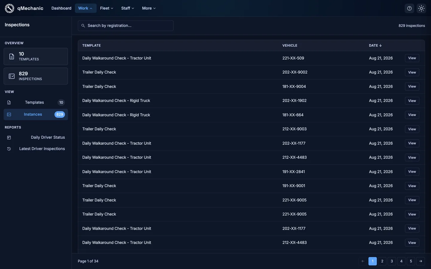 The Instances tab listing completed inspections with vehicle registration, inspector and date.