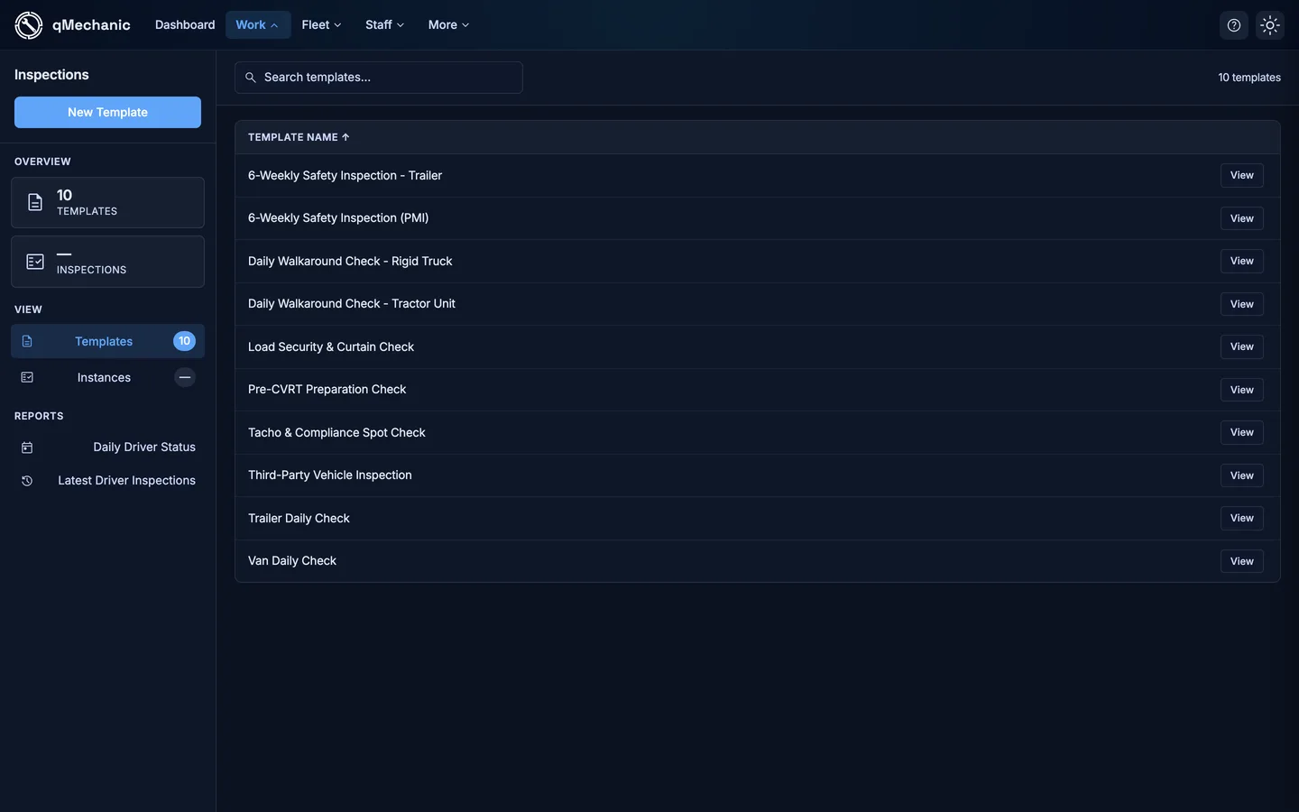 Inspections page on the Templates tab, listing inspection templates with their details.
