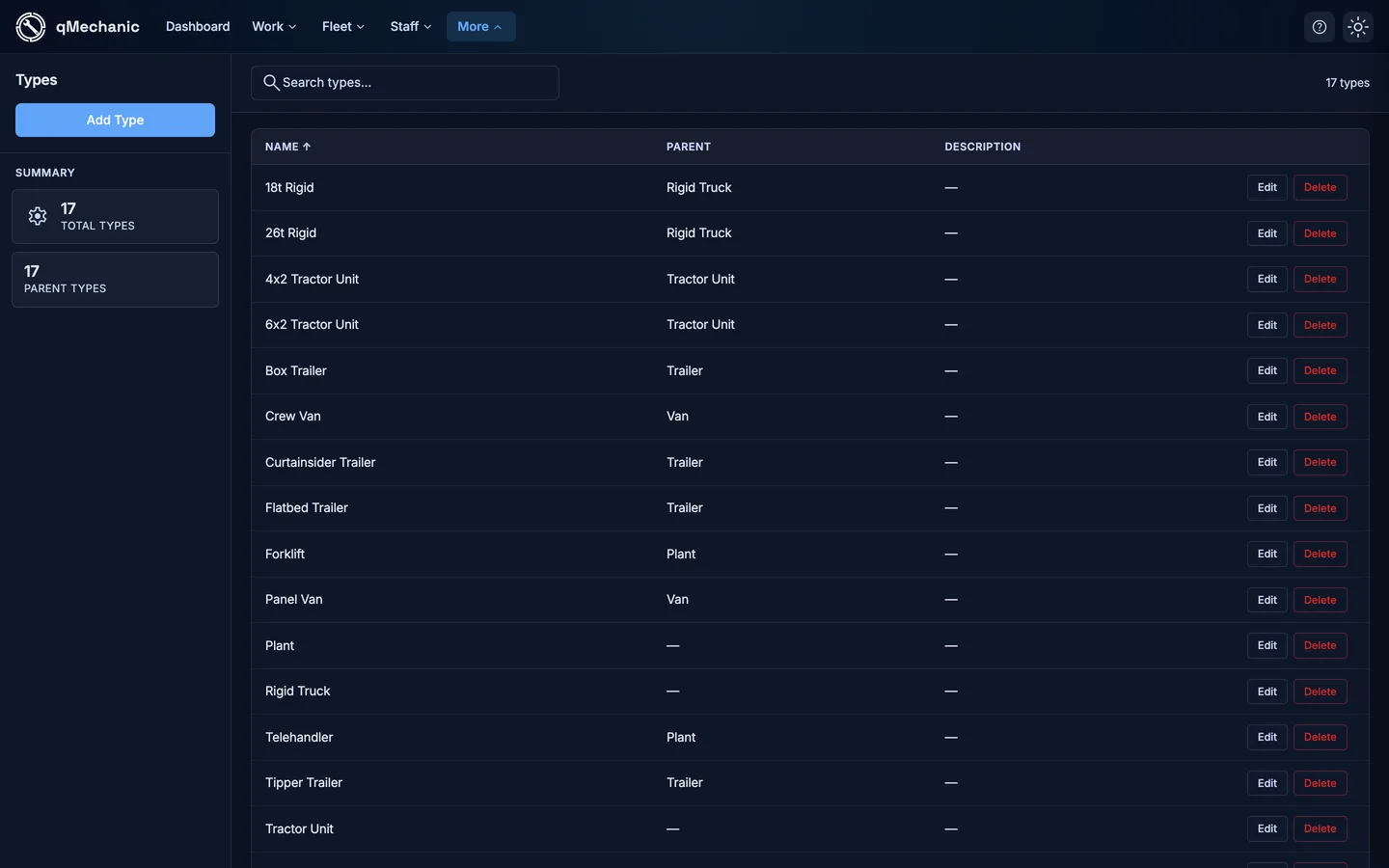 Machine types screen showing a list of parent vehicle types with subtypes beneath them.
