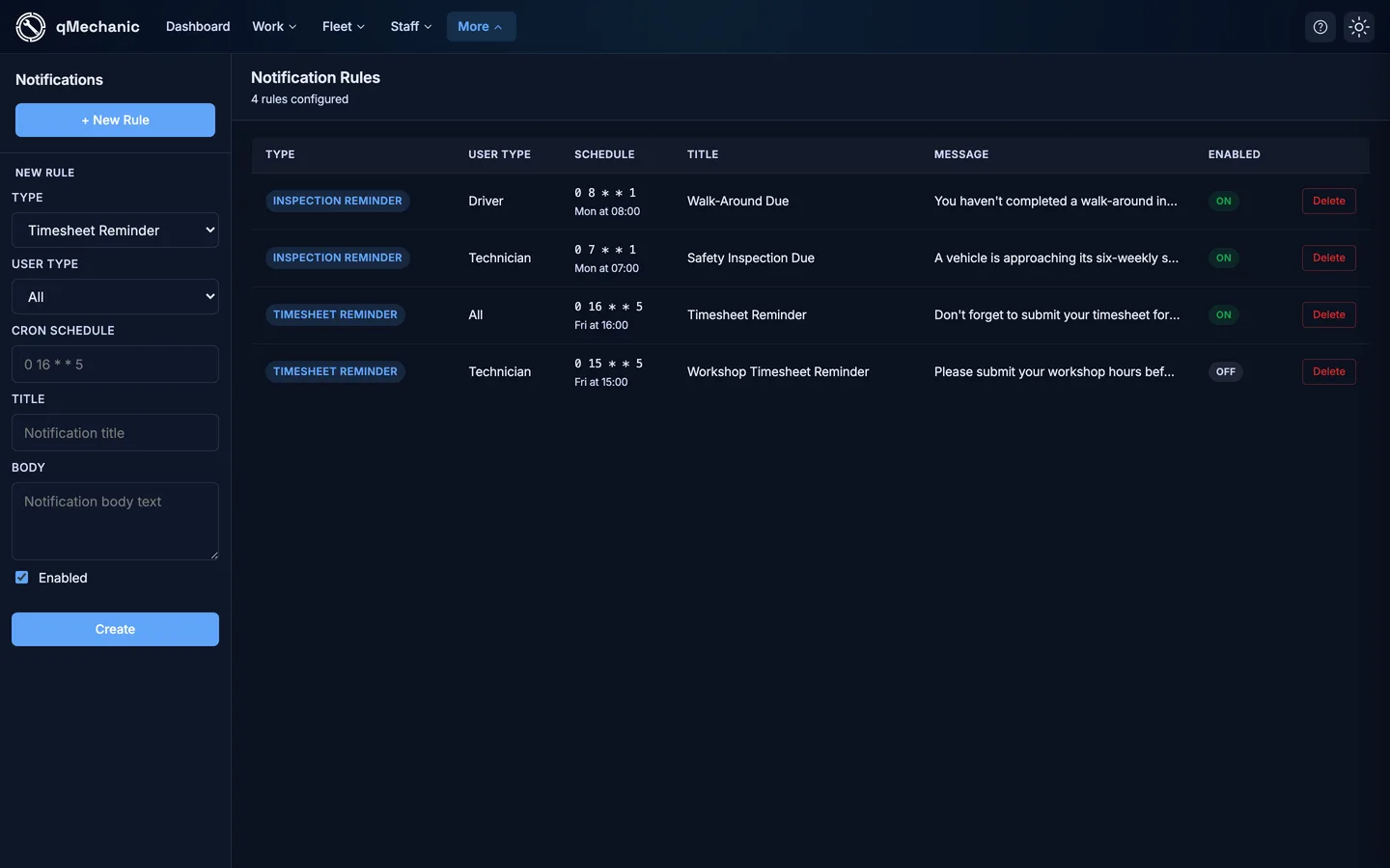 Notification configuration screen listing reminder types with schedules.