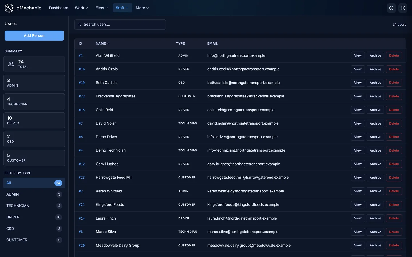 People list showing names, user types such as driver, technician and admin, and contact details.