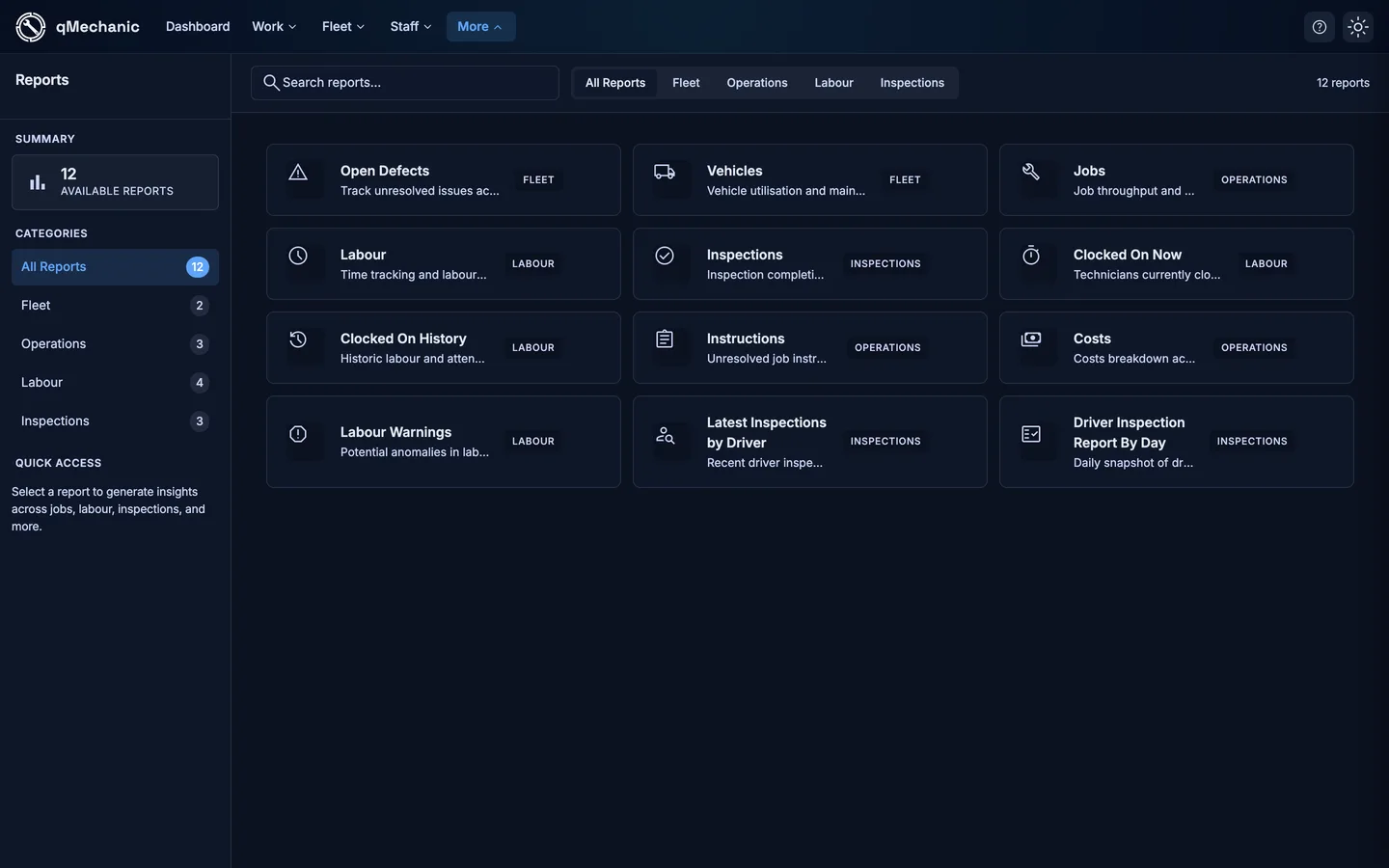 Reports index listing available reports grouped by category.