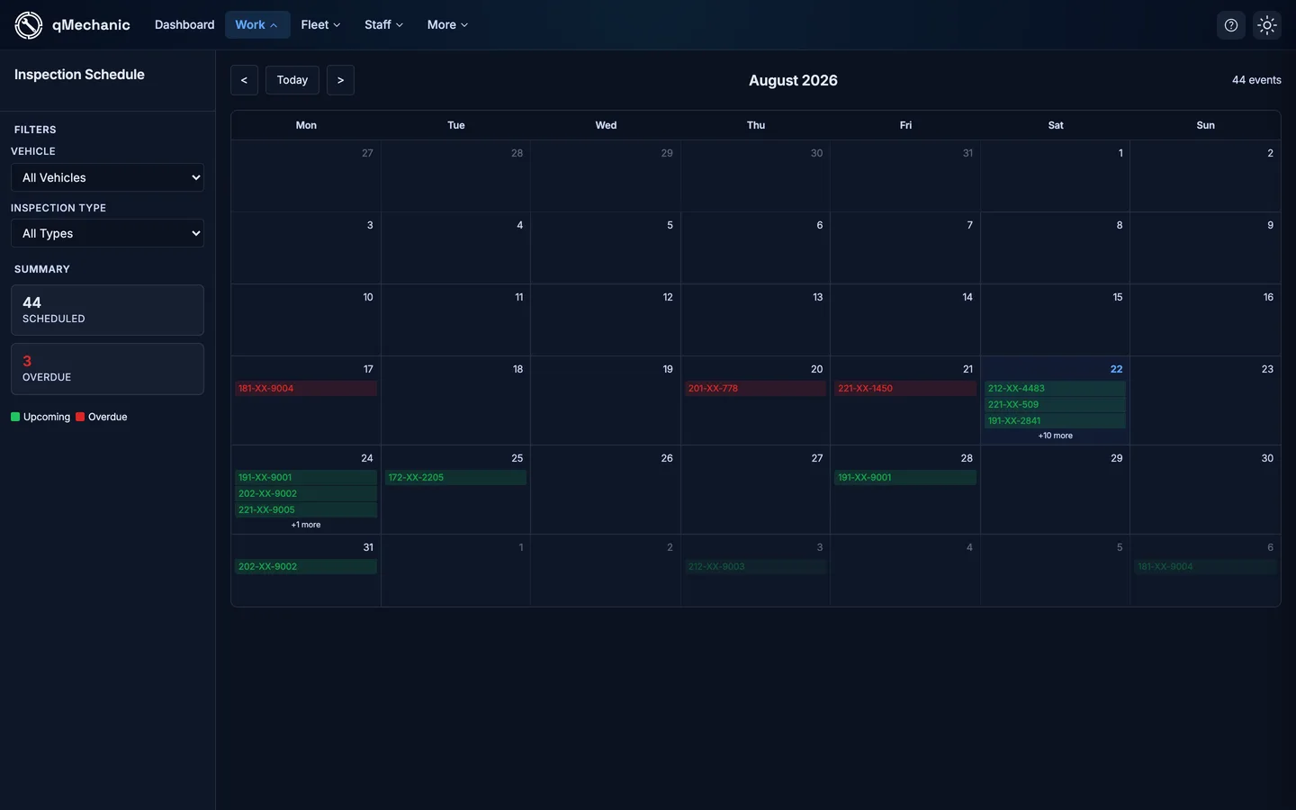 Schedule screen showing upcoming inspections per vehicle.