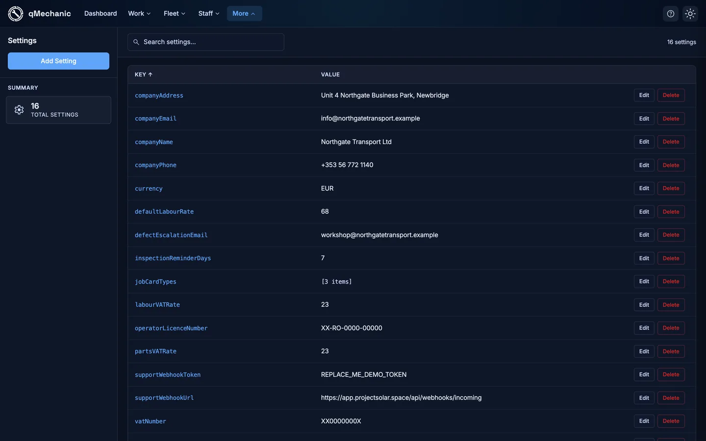 System settings list showing configuration keys and their values.
