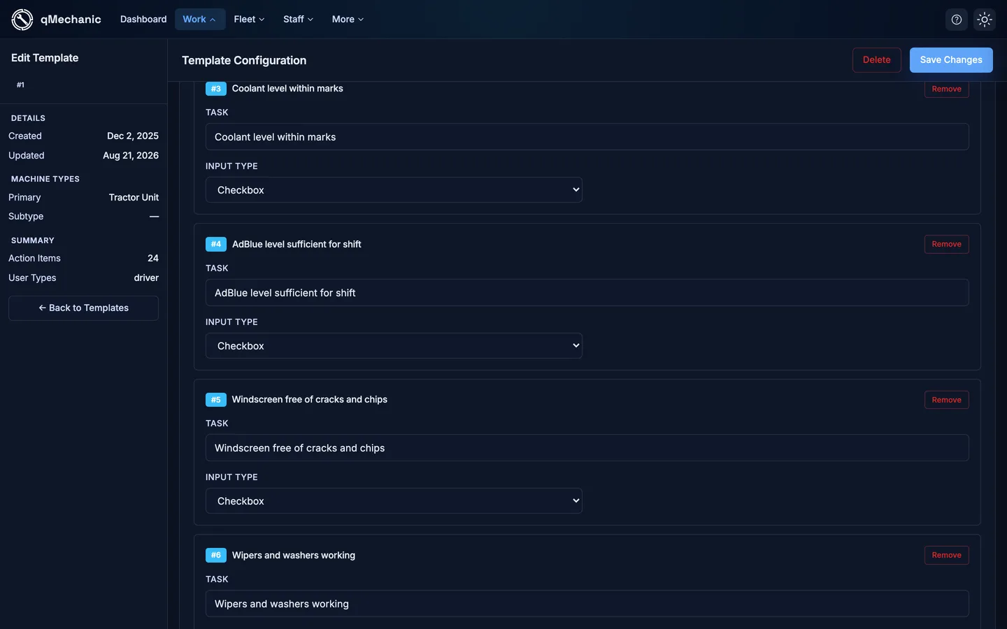 The action items list of a template, each row with task text and an input type selector.