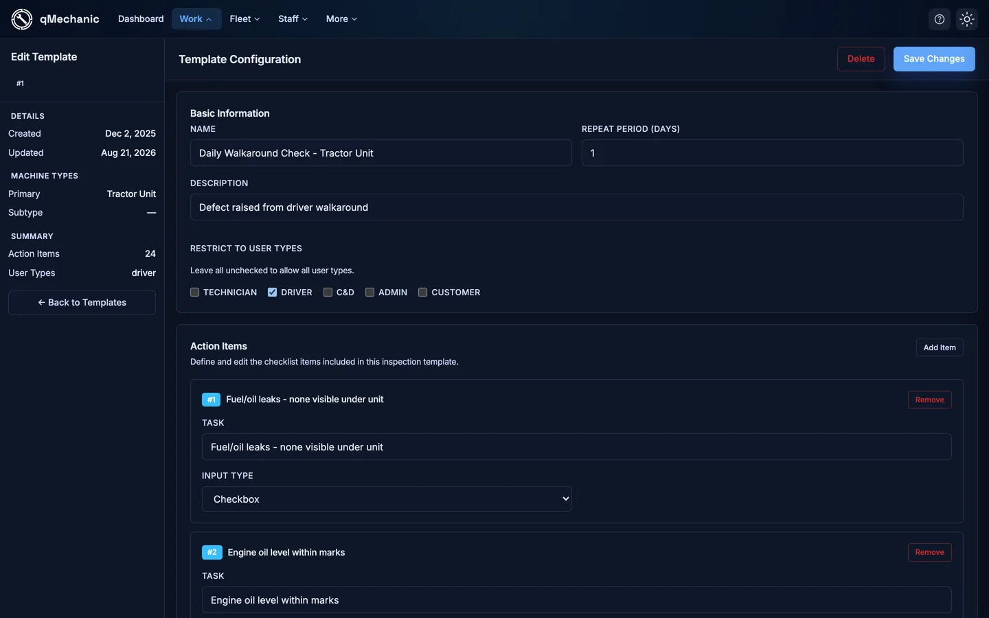 Template configuration screen showing restricted user types set to driver and a repeat period of one day.