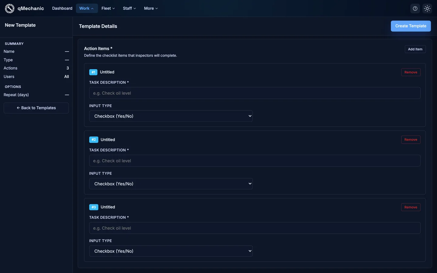The action items section of the template form with several checklist rows added.