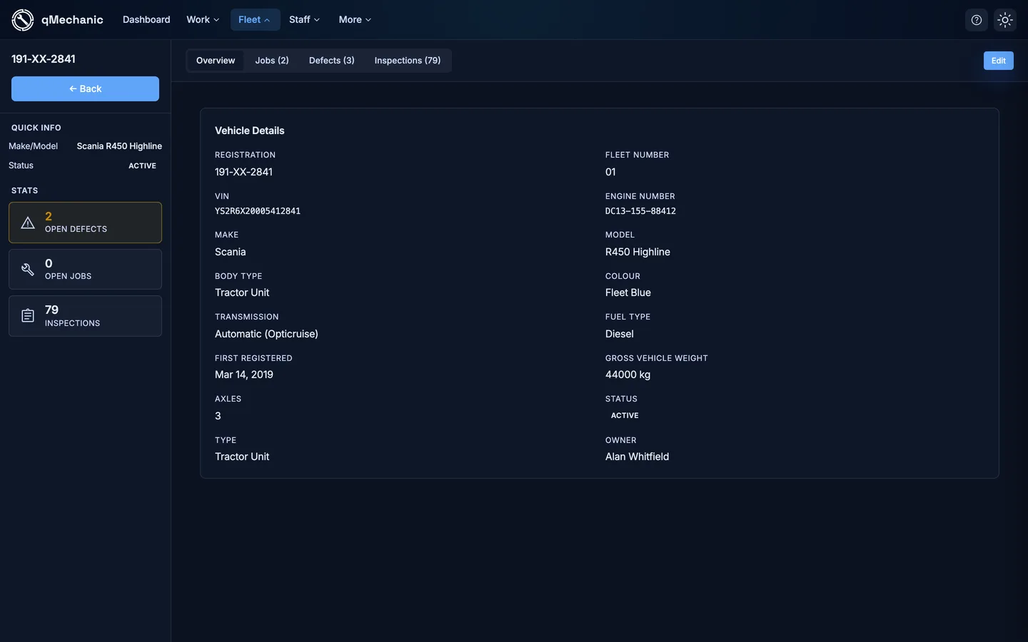 A single vehicle record with its details and tabs for inspections and events.