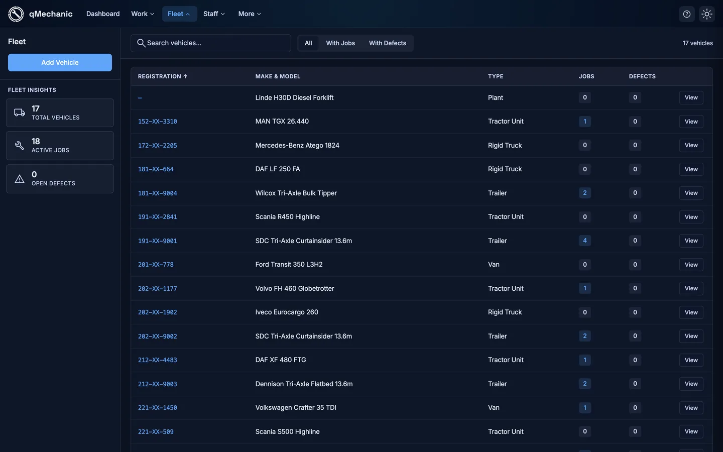Vehicles list showing fleet numbers, registrations, makes, models and statuses.
